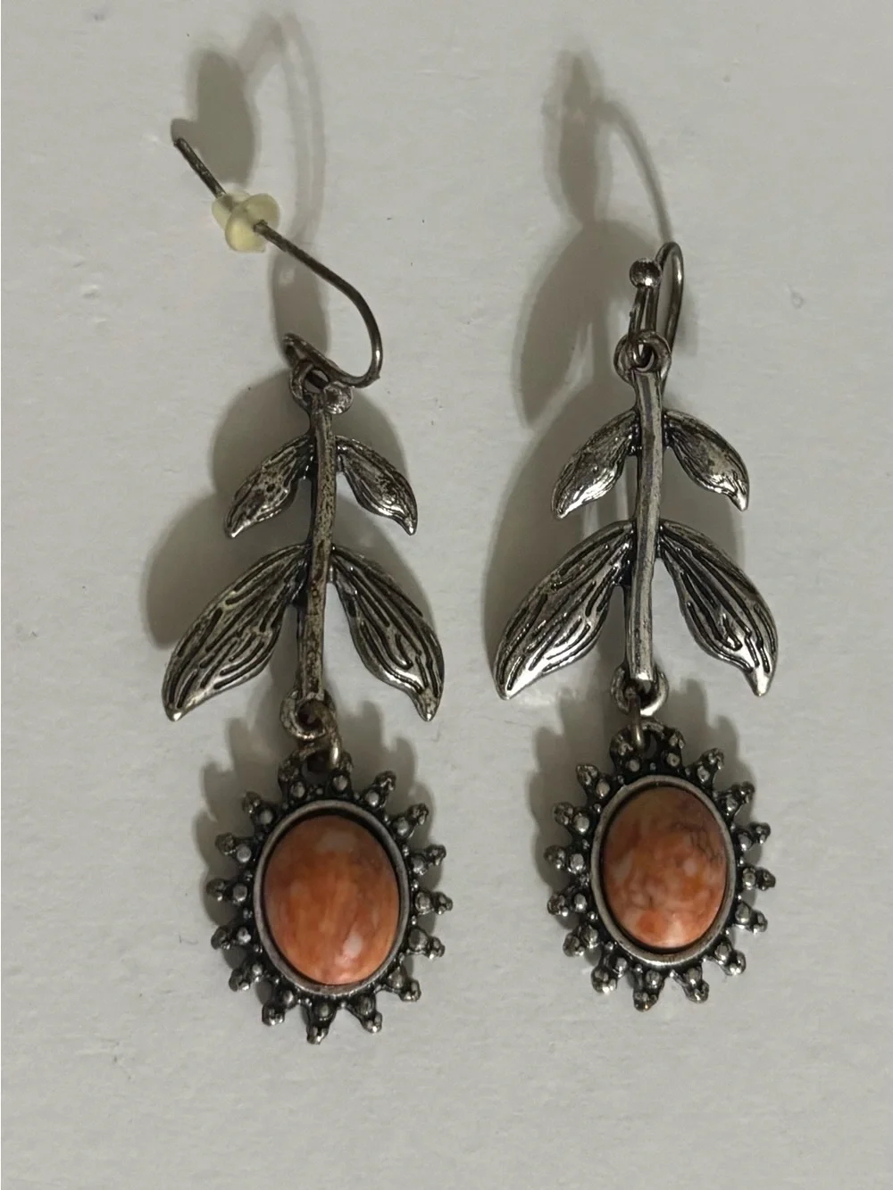 Sterling Leaf Drop Earrings with Orange Stone